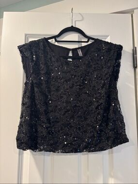 Anthropologie Black Sequin Lace Cap-Sleeve Camisole